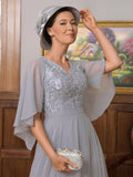 Genesis A-Line/Princess Chiffon Applique V-neck 1/2 Sleeves Floor-Length Mother of the Bride Dresses STKP0020334