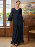 Lena A-Line/Princess Chiffon Applique V-neck Long Sleeves Floor-Length Mother of the Bride Dresses STKP0020335