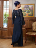 Lena A-Line/Princess Chiffon Applique V-neck Long Sleeves Floor-Length Mother of the Bride Dresses STKP0020335