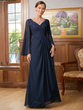 Lena A-Line/Princess Chiffon Applique V-neck Long Sleeves Floor-Length Mother of the Bride Dresses STKP0020335