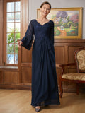 Lena A-Line/Princess Chiffon Applique V-neck Long Sleeves Floor-Length Mother of the Bride Dresses STKP0020335