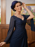 Lena A-Line/Princess Chiffon Applique V-neck Long Sleeves Floor-Length Mother of the Bride Dresses STKP0020335