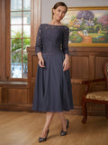 Dania A-Line/Princess Chiffon Lace Scoop 3/4 Sleeves Tea-Length Mother of the Bride Dresses STKP0020347