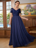 Nina A-Line/Princess Chiffon Lace V-neck Short Sleeves Floor-Length Mother of the Bride Dresses STKP0020311