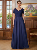 Nina A-Line/Princess Chiffon Lace V-neck Short Sleeves Floor-Length Mother of the Bride Dresses STKP0020311