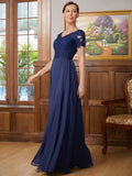 Nina A-Line/Princess Chiffon Lace V-neck Short Sleeves Floor-Length Mother of the Bride Dresses STKP0020311