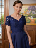 Nina A-Line/Princess Chiffon Lace V-neck Short Sleeves Floor-Length Mother of the Bride Dresses STKP0020311