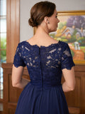 Nina A-Line/Princess Chiffon Lace V-neck Short Sleeves Floor-Length Mother of the Bride Dresses STKP0020311