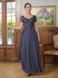 Autumn A-Line/Princess Chiffon Applique V-neck Short Sleeves Floor-Length Mother of the Bride Dresses STKP0020337