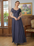 Autumn A-Line/Princess Chiffon Applique V-neck Short Sleeves Floor-Length Mother of the Bride Dresses STKP0020337