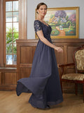 Autumn A-Line/Princess Chiffon Applique V-neck Short Sleeves Floor-Length Mother of the Bride Dresses STKP0020337