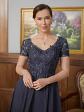 Autumn A-Line/Princess Chiffon Applique V-neck Short Sleeves Floor-Length Mother of the Bride Dresses STKP0020337