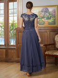 Prudence A-Line/Princess Chiffon Applique Scoop Short Sleeves Asymmetrical Mother of the Bride Dresses STKP0020307