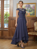 Prudence A-Line/Princess Chiffon Applique Scoop Short Sleeves Asymmetrical Mother of the Bride Dresses STKP0020307