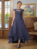 Prudence A-Line/Princess Chiffon Applique Scoop Short Sleeves Asymmetrical Mother of the Bride Dresses STKP0020307