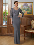 Logan Sheath/Column Jersey Lace V-neck 3/4 Sleeves Floor-Length Mother of the Bride Dresses STKP0020332