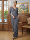 Logan Sheath/Column Jersey Lace V-neck 3/4 Sleeves Floor-Length Mother of the Bride Dresses STKP0020332