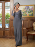 Logan Sheath/Column Jersey Lace V-neck 3/4 Sleeves Floor-Length Mother of the Bride Dresses STKP0020332