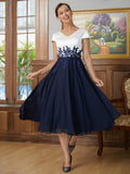 Karissa A-Line/Princess Chiffon Applique V-neck Short Sleeves Tea-Length Mother of the Bride Dresses STKP0020349