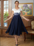 Karissa A-Line/Princess Chiffon Applique V-neck Short Sleeves Tea-Length Mother of the Bride Dresses STKP0020349