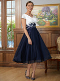 Karissa A-Line/Princess Chiffon Applique V-neck Short Sleeves Tea-Length Mother of the Bride Dresses STKP0020349