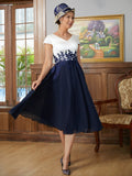 Karissa A-Line/Princess Chiffon Applique V-neck Short Sleeves Tea-Length Mother of the Bride Dresses STKP0020349