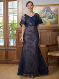 Kristin Sheath/Column Silk like Satin Lace V-neck Short Sleeves Floor-Length Mother of the Bride Dresses STKP0020338