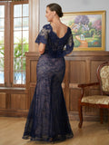 Kristin Sheath/Column Silk like Satin Lace V-neck Short Sleeves Floor-Length Mother of the Bride Dresses STKP0020338