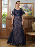 Kristin Sheath/Column Silk like Satin Lace V-neck Short Sleeves Floor-Length Mother of the Bride Dresses STKP0020338