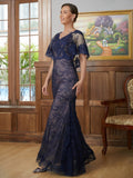 Kristin Sheath/Column Silk like Satin Lace V-neck Short Sleeves Floor-Length Mother of the Bride Dresses STKP0020338