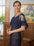 Kristin Sheath/Column Silk like Satin Lace V-neck Short Sleeves Floor-Length Mother of the Bride Dresses STKP0020338