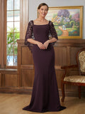 Harriet Sheath/Column Stretch Crepe Lace Square 1/2 Sleeves Sweep/Brush Train Mother of the Bride Dresses STKP0020329