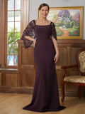 Harriet Sheath/Column Stretch Crepe Lace Square 1/2 Sleeves Sweep/Brush Train Mother of the Bride Dresses STKP0020329