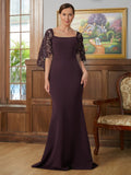 Harriet Sheath/Column Stretch Crepe Lace Square 1/2 Sleeves Sweep/Brush Train Mother of the Bride Dresses STKP0020329