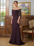 Harriet Sheath/Column Stretch Crepe Lace Square 1/2 Sleeves Sweep/Brush Train Mother of the Bride Dresses STKP0020329