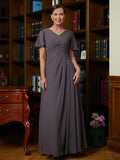 Louisa A-Line/Princess Chiffon Ruched V-neck Short Sleeves Floor-Length Mother of the Bride Dresses STKP0020304