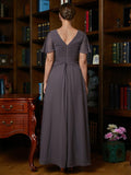 Louisa A-Line/Princess Chiffon Ruched V-neck Short Sleeves Floor-Length Mother of the Bride Dresses STKP0020304