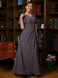 Louisa A-Line/Princess Chiffon Ruched V-neck Short Sleeves Floor-Length Mother of the Bride Dresses STKP0020304