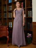 Jaylyn Sheath/Column Chiffon Lace V-neck Short Sleeves Floor-Length Mother of the Bride Dresses STKP0020339