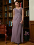 Jaylyn Sheath/Column Chiffon Lace V-neck Short Sleeves Floor-Length Mother of the Bride Dresses STKP0020339