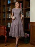 Mariana A-Line/Princess Chiffon Lace Scoop Short Sleeves Tea-Length Mother of the Bride Dresses STKP0020302