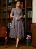 Mariana A-Line/Princess Chiffon Lace Scoop Short Sleeves Tea-Length Mother of the Bride Dresses STKP0020302