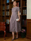 Mariana A-Line/Princess Chiffon Lace Scoop Short Sleeves Tea-Length Mother of the Bride Dresses STKP0020302