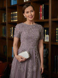 Mariana A-Line/Princess Chiffon Lace Scoop Short Sleeves Tea-Length Mother of the Bride Dresses STKP0020302