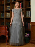 Annika A-Line/Princess Tulle Lace Scoop Short Sleeves Floor-Length Mother of the Bride Dresses STKP0020310