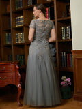 Annika A-Line/Princess Tulle Lace Scoop Short Sleeves Floor-Length Mother of the Bride Dresses STKP0020310