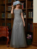 Annika A-Line/Princess Tulle Lace Scoop Short Sleeves Floor-Length Mother of the Bride Dresses STKP0020310