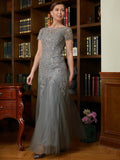 Annika A-Line/Princess Tulle Lace Scoop Short Sleeves Floor-Length Mother of the Bride Dresses STKP0020310