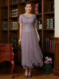 Nora A-Line/Princess Chiffon Lace Scoop Short Sleeves Ankle-Length Mother of the Bride Dresses STKP0020353