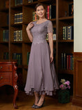 Nora A-Line/Princess Chiffon Lace Scoop Short Sleeves Ankle-Length Mother of the Bride Dresses STKP0020353